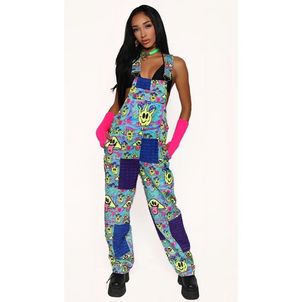 iHeartRaves Electric Tripp Unisex Overalls Neon Blue Pink Yellow 2XL iHR19590-1